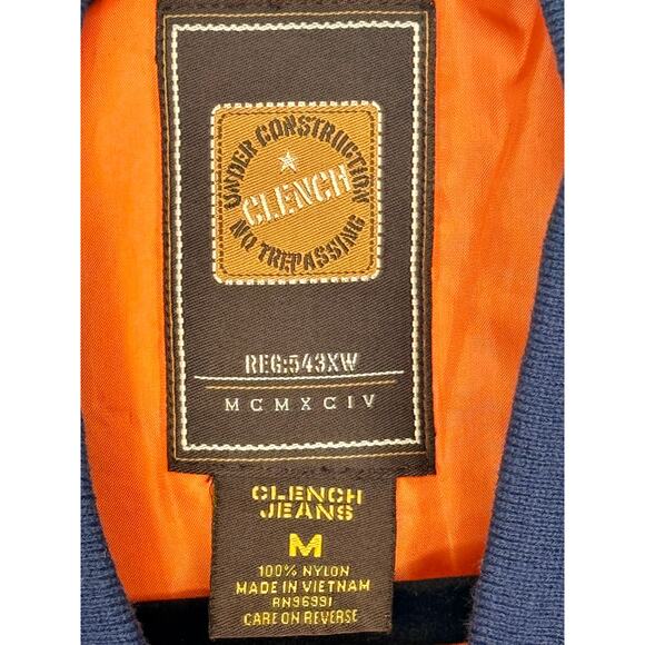 CLENCH Men M Jeans Nylon Bomber Jacket Navy w/ Heavy Orange Lining Winter Coat - Picture 4 of 4